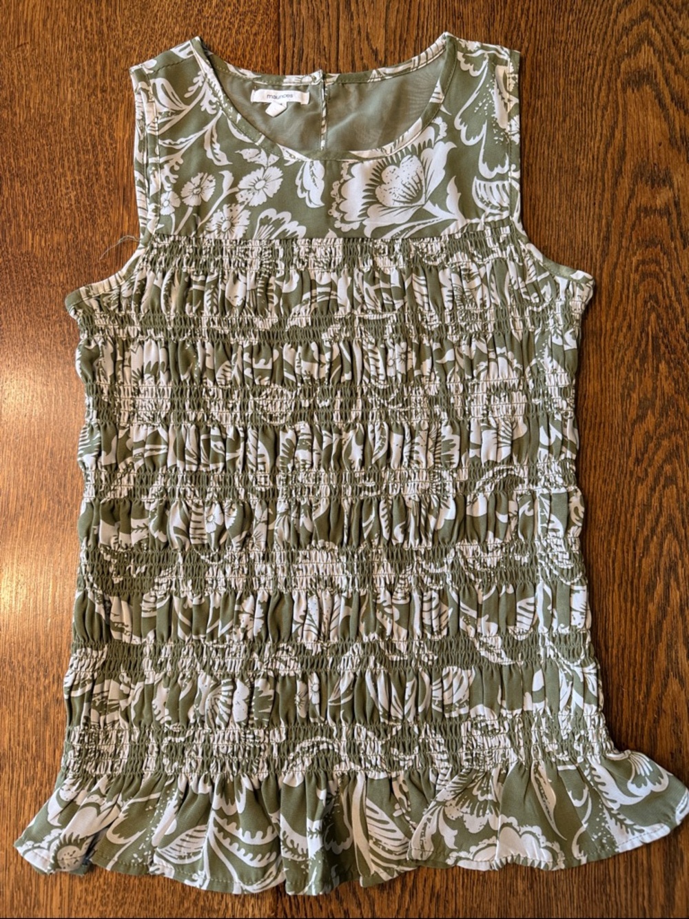 NWOT Maurices Olive Green and Off White Smocked Floral Tank, XS
